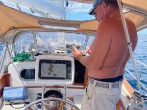 Richard connecting to the internet on a boat