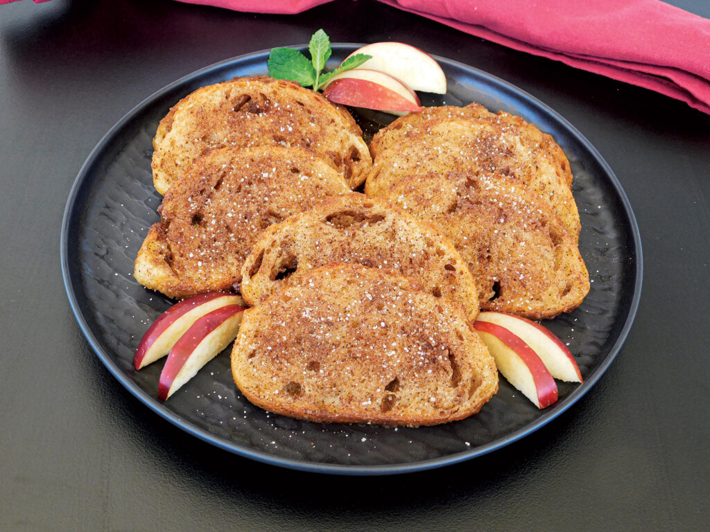 cinnamon toast on plate with apple slices