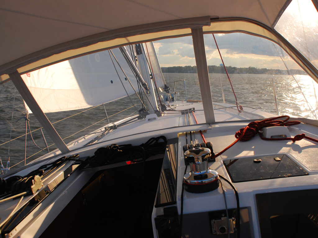 Cockpit of sailboat with cover on