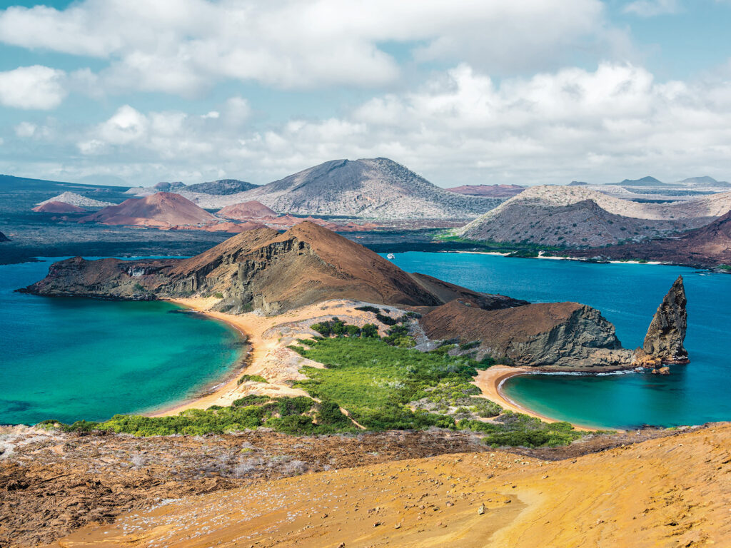 View of two beaches on Bartolome Island in the Galapagos Islands in Ecuador