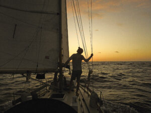 Person inspecting boat rig