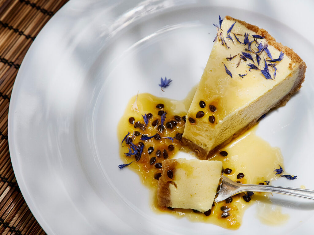 The lime pie at Armadillo’s which consists of lime, with passionfruit and honey sauce topped with cornflowers.