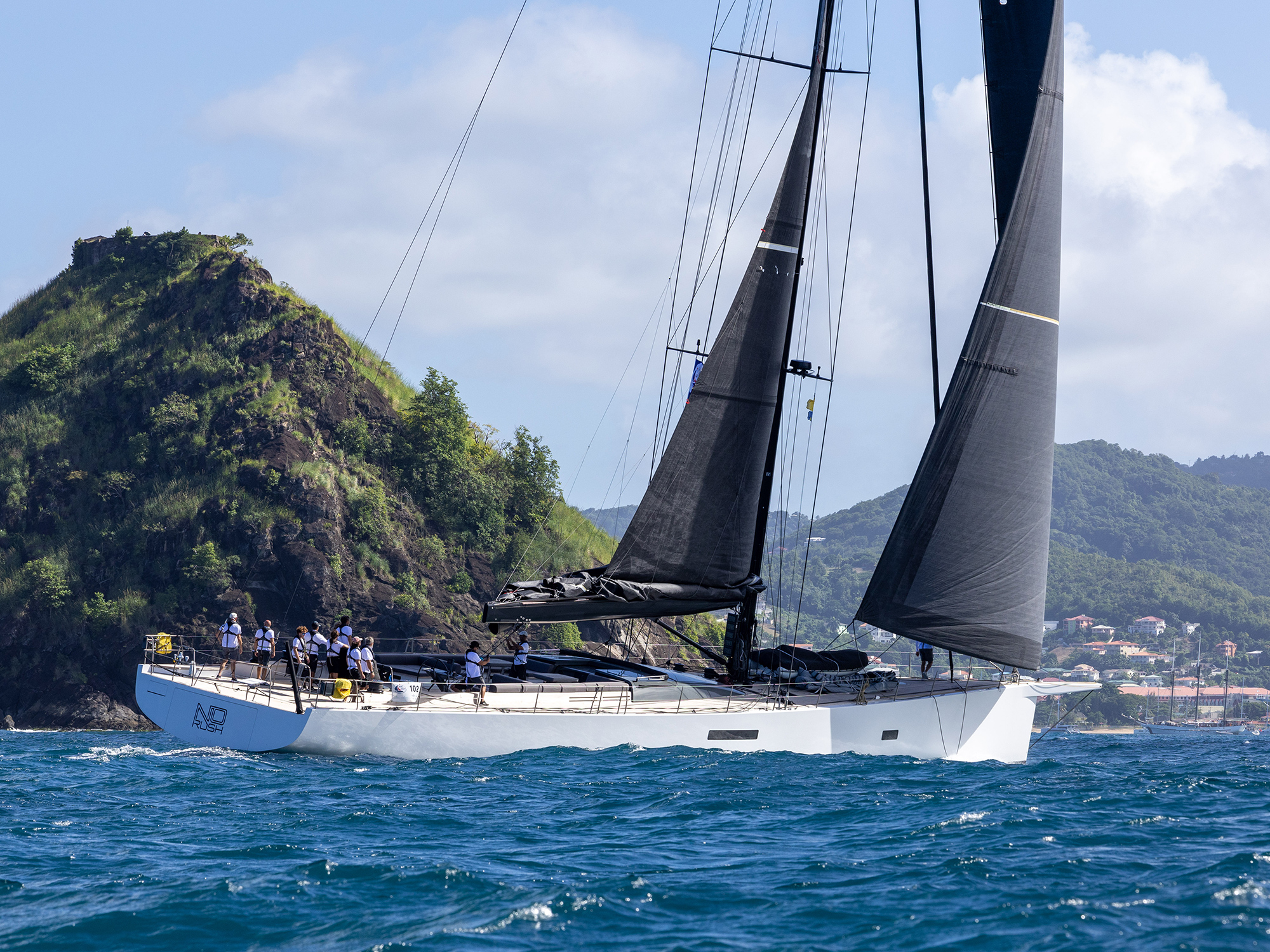 First ARC yacht to finish, Southern Wind 105GT No Rush IMN powers towards the finish line in Rodney Bay, Saint Lucia