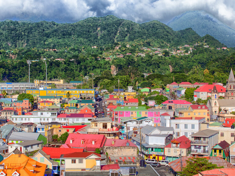 Colorful buildings in the coastal Caribbean town of Rosseau Dominica