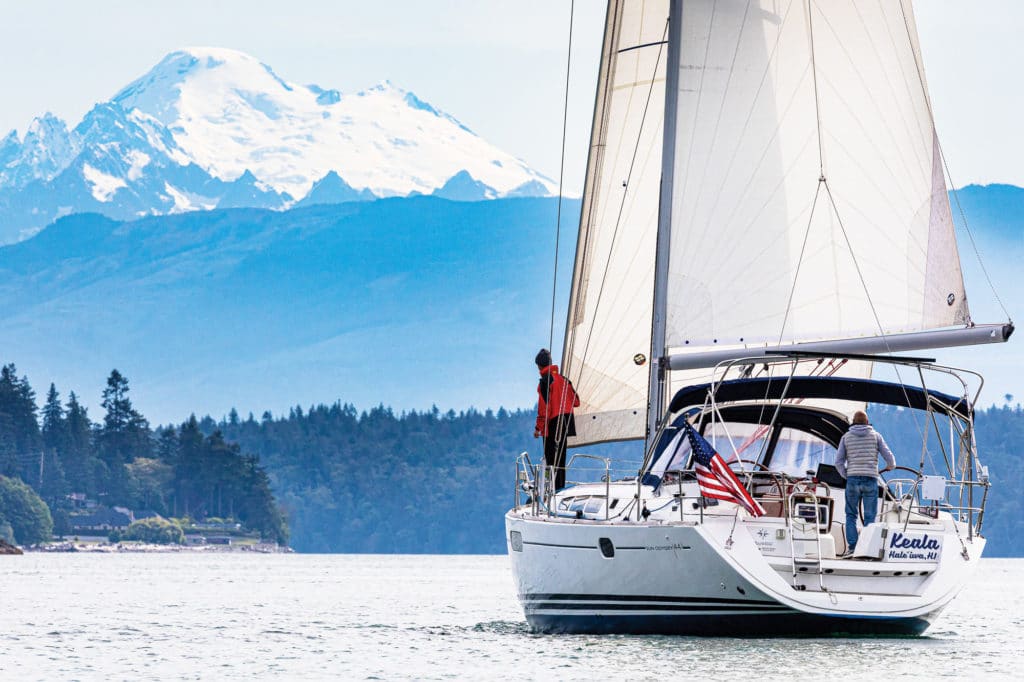 Sailing through Deception Pass, toward Mount Baker.