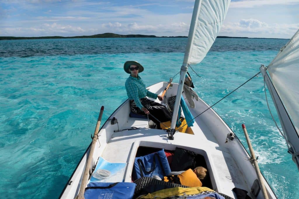 The author sails the Sea Pearl through the turquoise Bahama Banks.