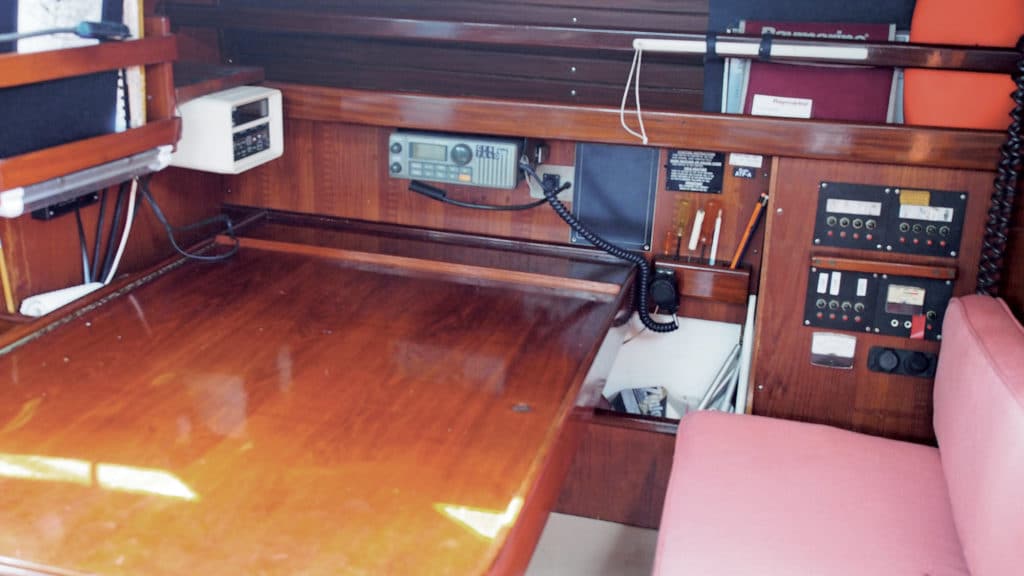 Nav-station instruments on the Beneteau sailboat.