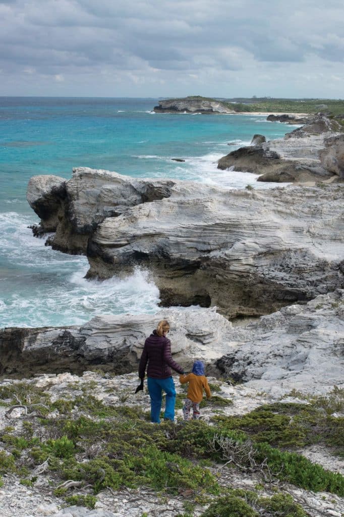 Going for a walk along Williams Cay’s rocky shoreline.