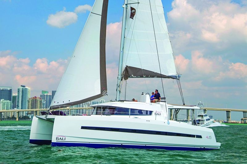 A 44-foot Bali 4.5, built by Catana Catamarans, reaches across Biscayne Bay. With large opening windows and plenty of places to lounge on board, this cat will be right at home in a tropical anchorage.