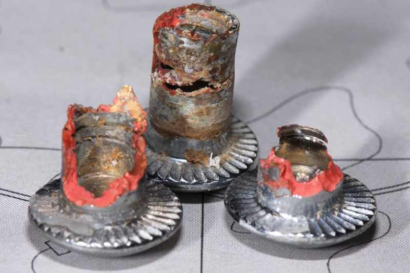 Corroded brass When Good Brass Goes Bad: Brass and seawater don’t mix. Regular exposure to salt and spray eventually destroyed these chrome-plated brass socket bolts used to secure ports (they may have been mistaken for stainless-steel fittings when originally installed).