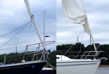 A summer thunderstorm can quickly unravel and potentially ruin a loosely furled jib (right). To prevent this, it helps to add on a couple of wraps with your jib sheets (left).