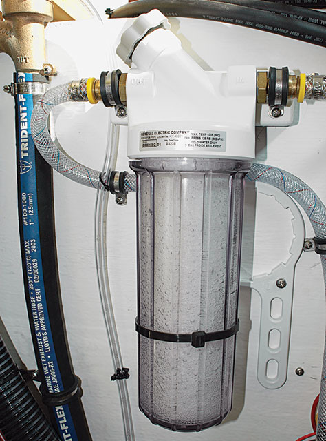 A dedicated filter that services the entire vessel’s supply is a worthwhile addition to any boat’s potable water system. Remember to install these “downstream” from the pressure pumps.
