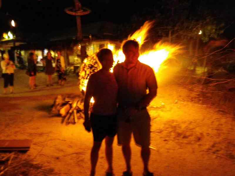 To celebrate the full moon in Trellis Bay, fireballs, sculpted by Aragorn's Studio, are set afire both on the beach and in the water.