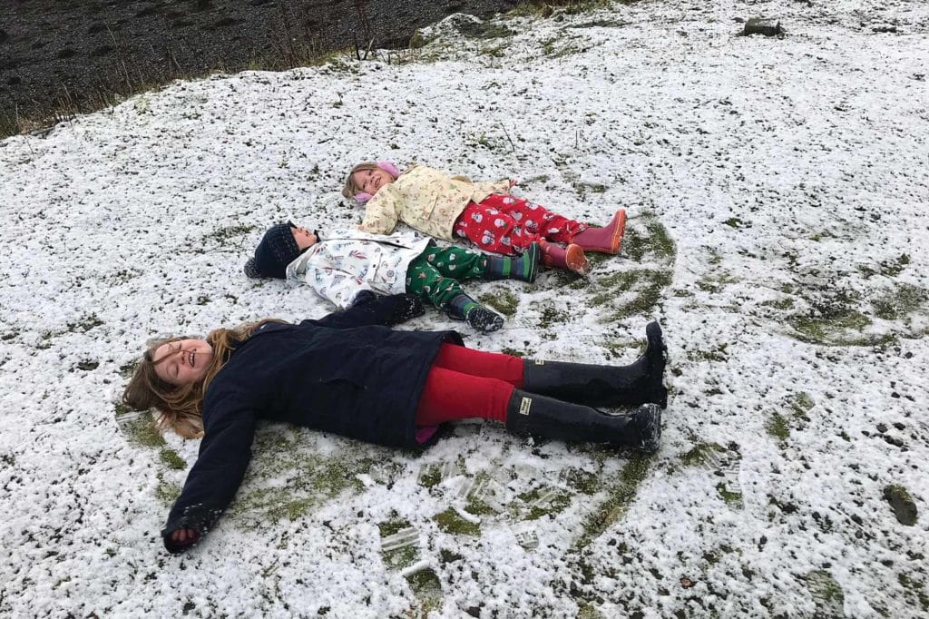 making snow angels at Oban Marina