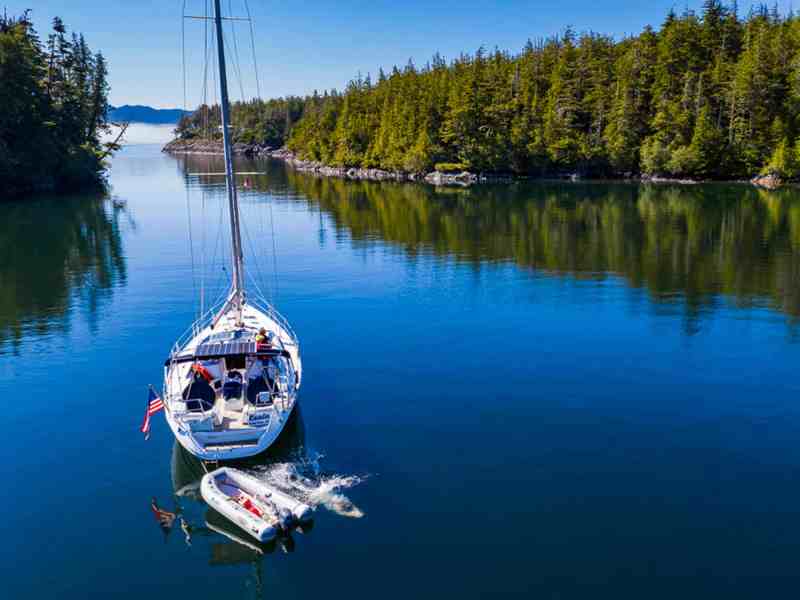 Keala at anchor with incoming fog bank in Bell Island Cut, BC Vancouver Island