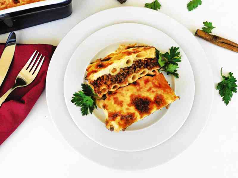 Overhead of Greek lasagna on serving plate