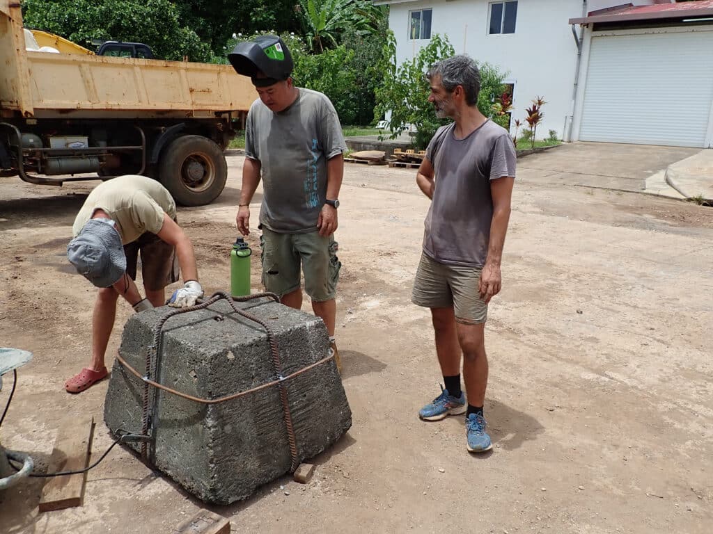 applying rebar cages to the mooring blocks