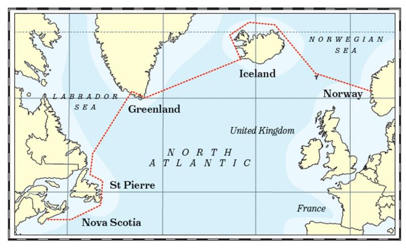 Map of the sailing North Atlantic route from Nova Scotia to Norway