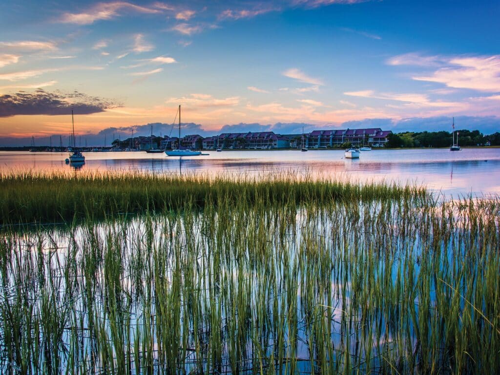 Sunset over the Folly River, in Folly Beach, South Carolina.