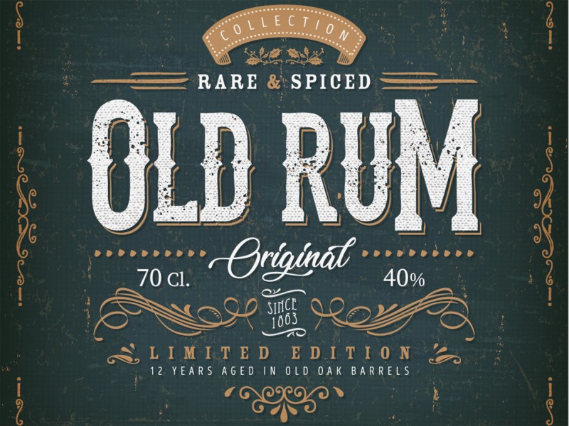 Illustration of a vintage design elegant rum beverage label, with crafted letterring, specific product mentions, textures and floral patterns